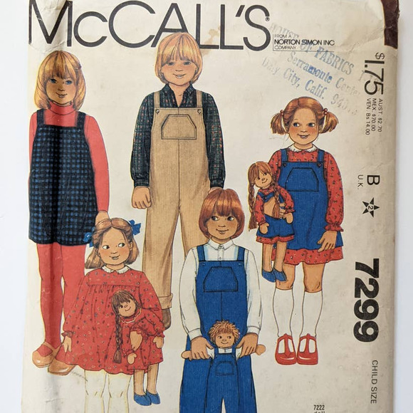 Vintage 80's McCalls 7299 Pattern Children Girls Jumpers Pullover Dress Overalls - Picture 1 of 6